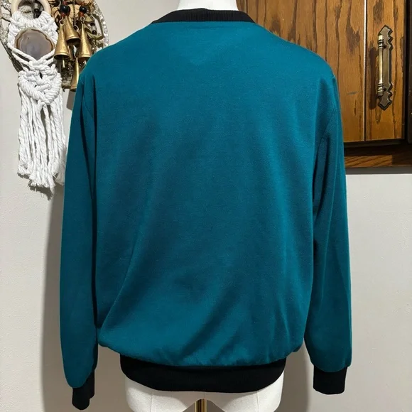 Vintage 80s 90s Sweatshirt Teal Plaid Color Block Pullover Size Small - Picture 4 of 5